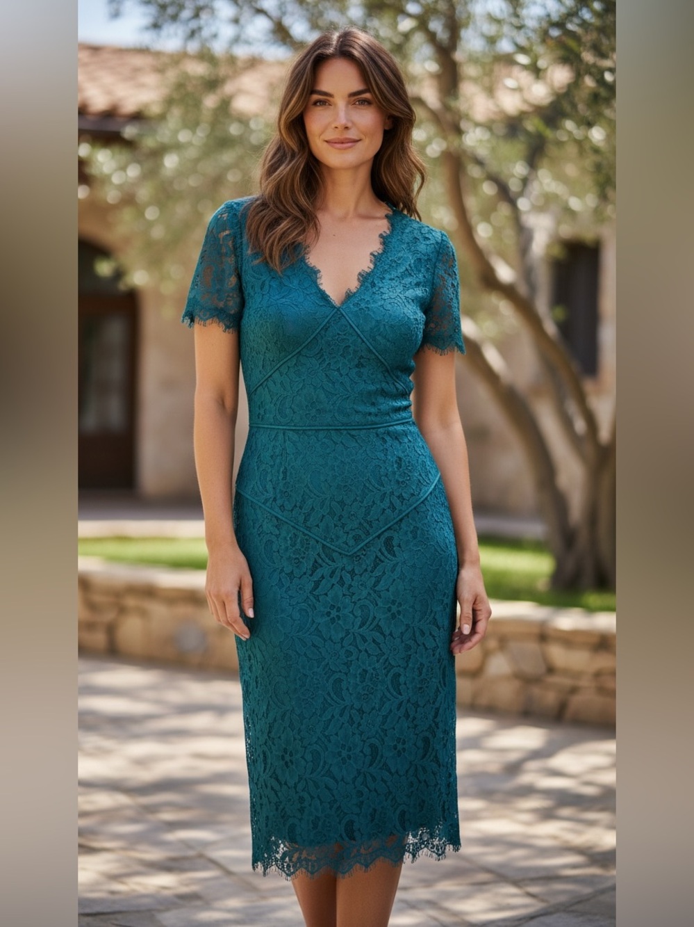 Antonio Melani Lyon Lace Sheath Dress Azure Blue V-Neck Size 12 Wedding Guest